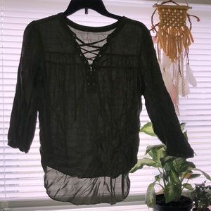 Army-Green Drawstring-Front Blouse
